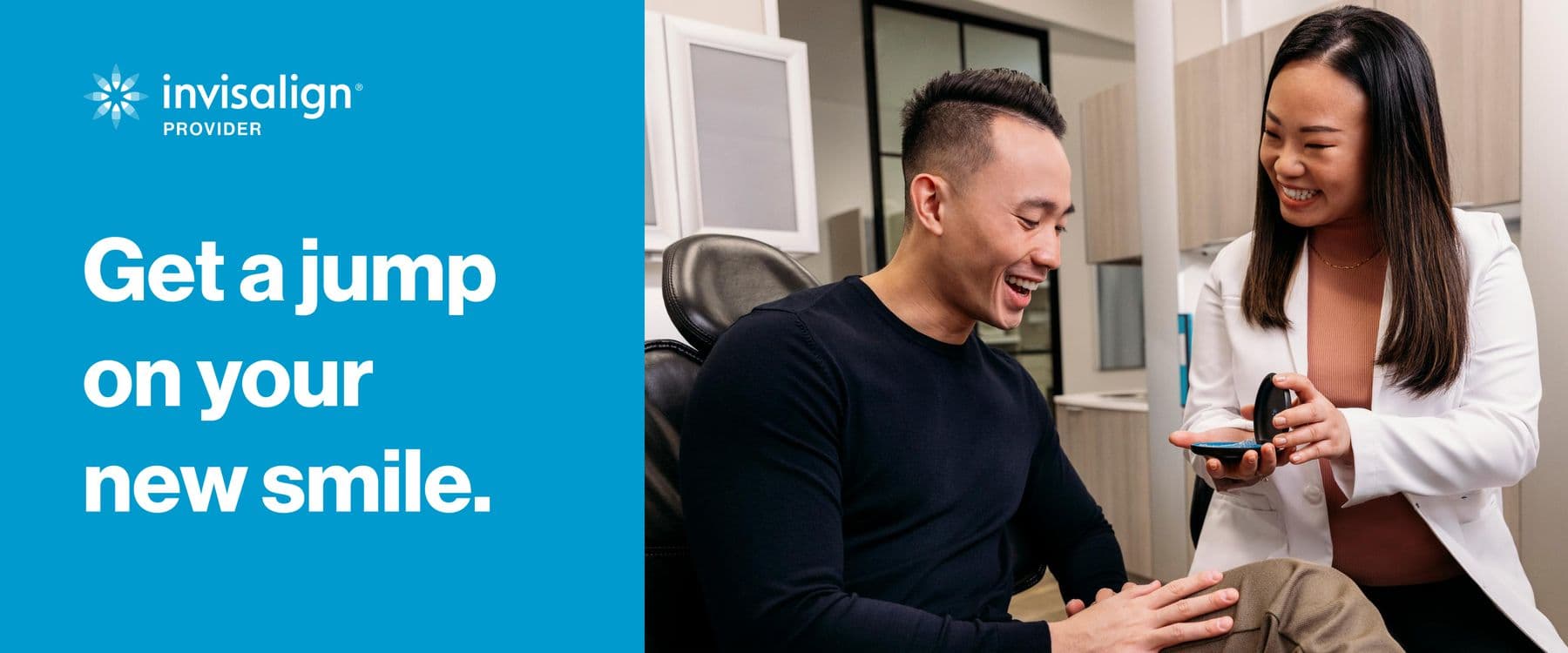 Invisalign Provider image: a patient and a clinician looking at an aligner case together in a dental office, with the words “Get a jump on your new smile.”